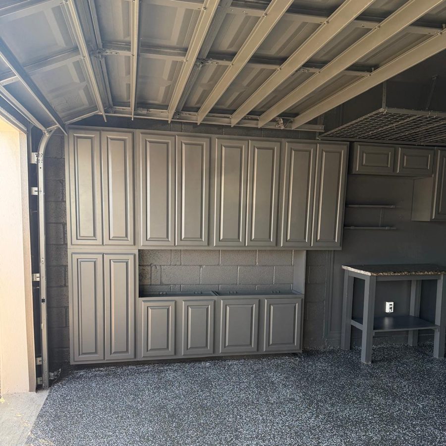 Garage storage cabinets painted a durable charcoal gray