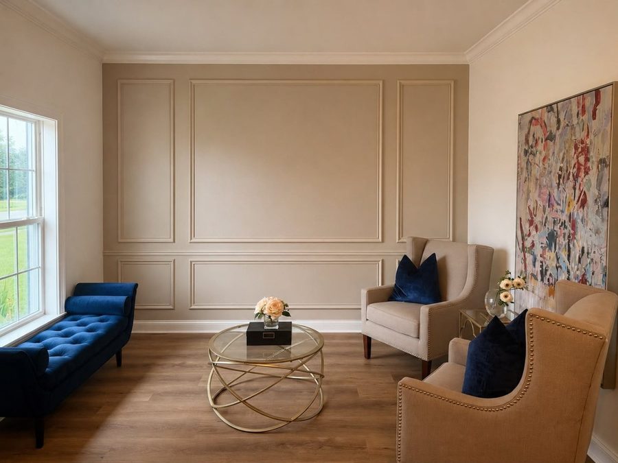 Sitting room with warm greige picture-frame molding accent wall
