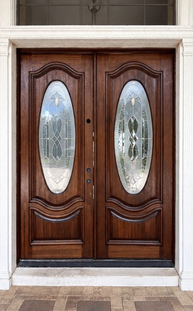 Double wooden front doors refinished in Central Florida — after