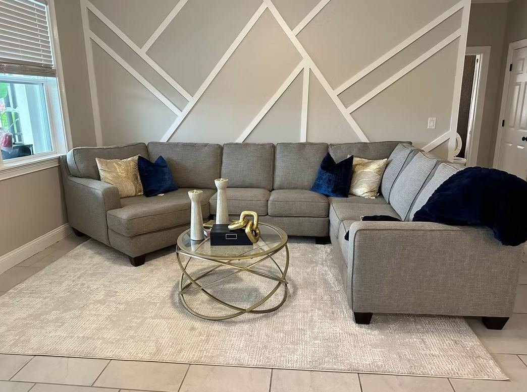 Geometric accent wall in a living room